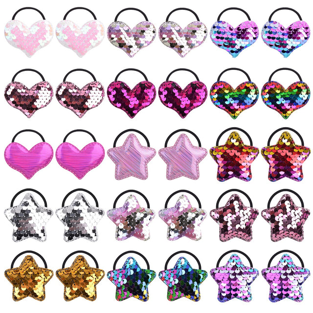 inSowni 30 Pack/15 Pairs Glitter Sequin Heart Star Hair Ties