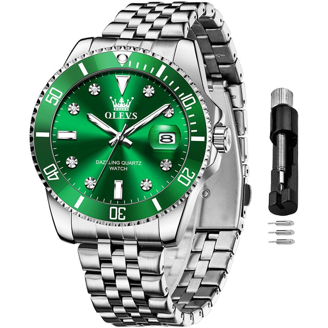 OLEVS Green Men Watch Silver Luxury Watches for Men Stainless Steel