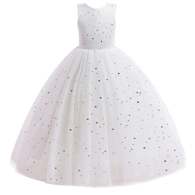 Girls Tulle Formal Wedding Dress Childs Ball Gown Sparkly Pageant Princess Bithday Party Dresses for Girls 11-12 Years White
