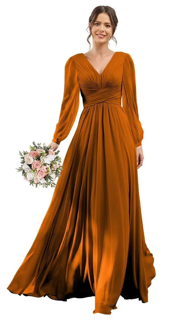 YOFF Burnt Orange Pleated Chiffon Bridesmaid Dresses with Sleeves Long A-Line Long Sleeve Formal Party Dresses with Slit 16