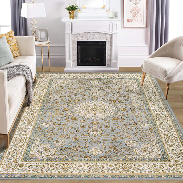 Washable Rug Living Room Rugs: 8x10 Area Rugs Large Machine Washable Non Slip Carpet Soft Floral Luxury Thin Carpets for Dining Room Bedroom Farmhouse Nursery Home Office Baby Blue