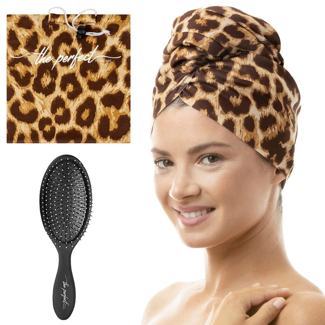 THE PERFECT HAIRCARE Microfiber Curly Hair Towel Wrap with Wet/Dry Brush - Fast Drying and Gentle Detangling for Women Girls Kids Children - Great for Travel Gifts and Hair Extensions