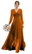YOFF Burnt Orange Pleated Chiffon Bridesmaid Dresses with Sleeves Long A-Line Long Sleeve Formal Party Dresses with Slit 16