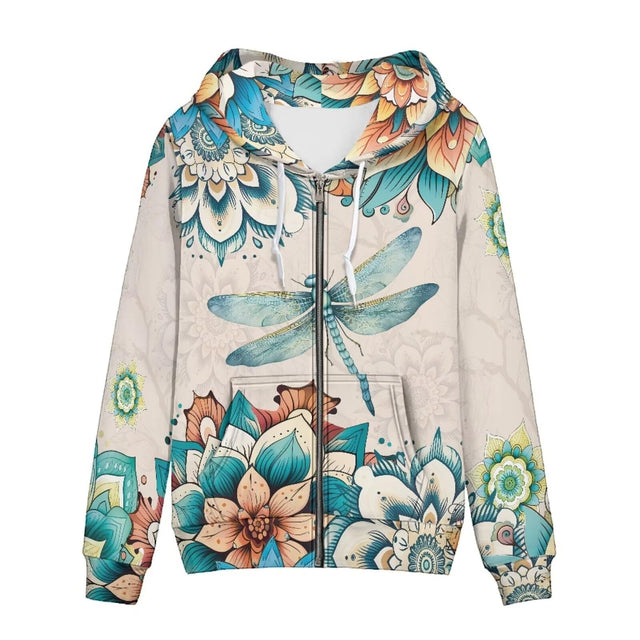 Showudesigns Boho Dragonfly Zip Up Hoodie Womens Yoga Clothing