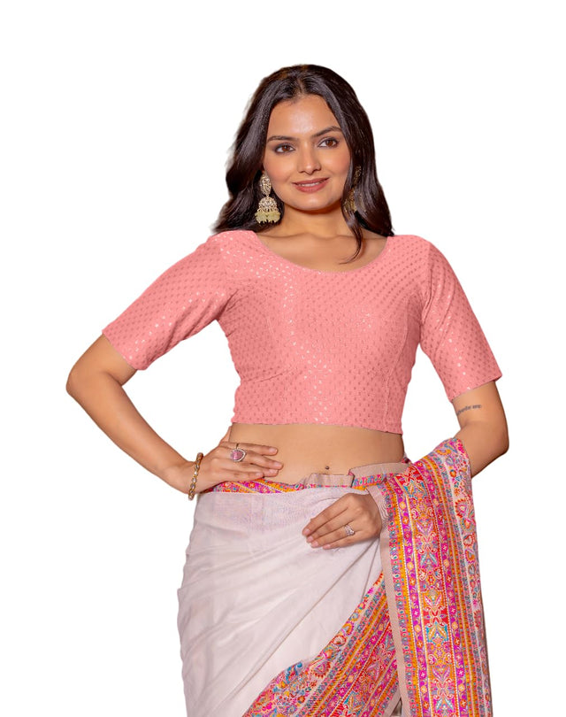 Jaanvi fashion Round Neck Dobby Cotton Lycra Stretchable Elbow Sleeve Readymade Saree Blouse for Women Stylish (cotton-dobbi-rosy-pink-l)