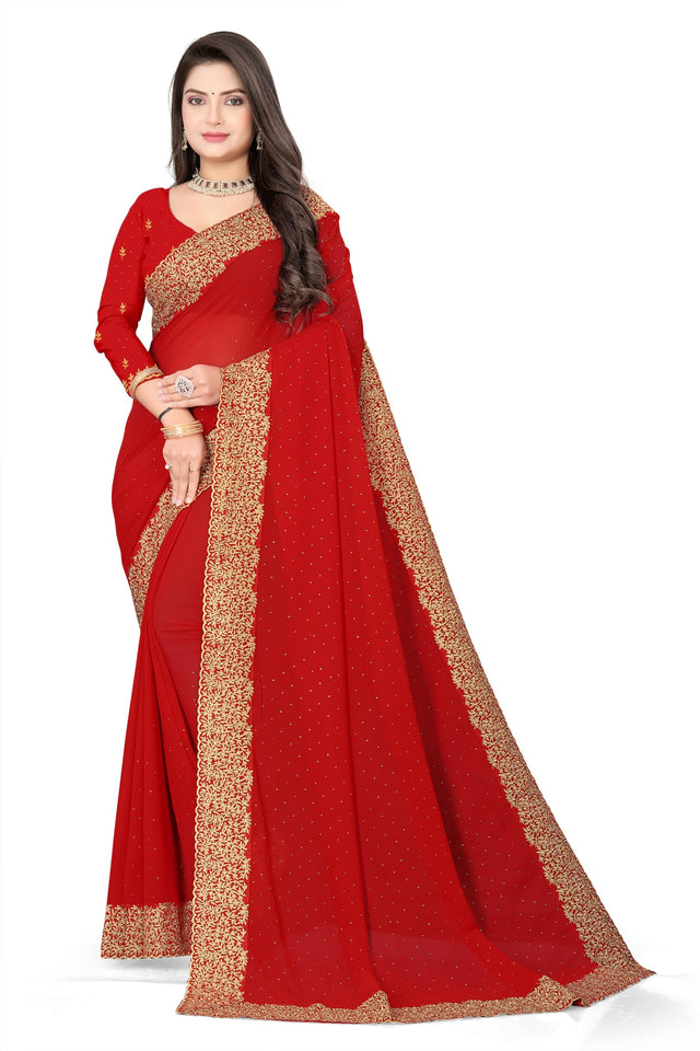 Ravish Style Womens Georgette Siroski work Embroidery Saree with Blouse Piece (1211-Red)