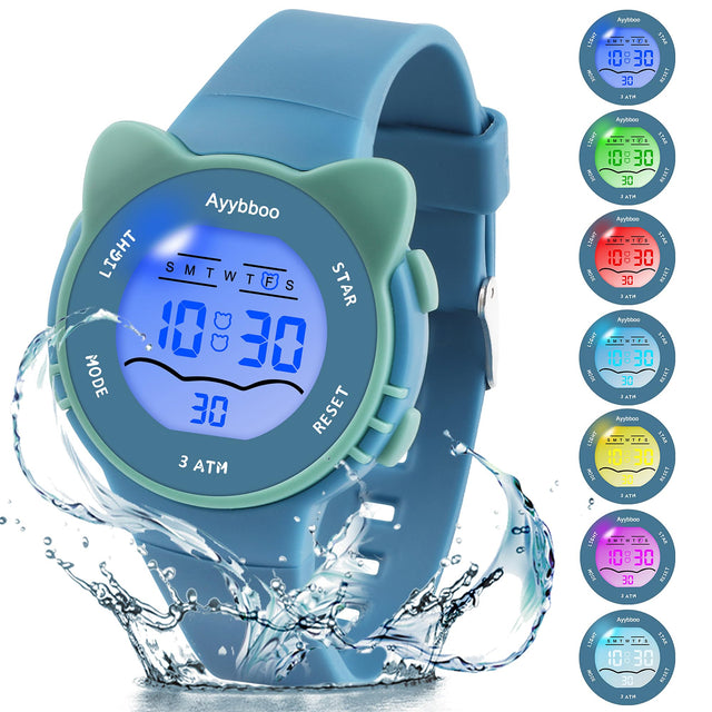 Ayybboo Kids Digital Watches for Girls Boys 7 Color Lights Water