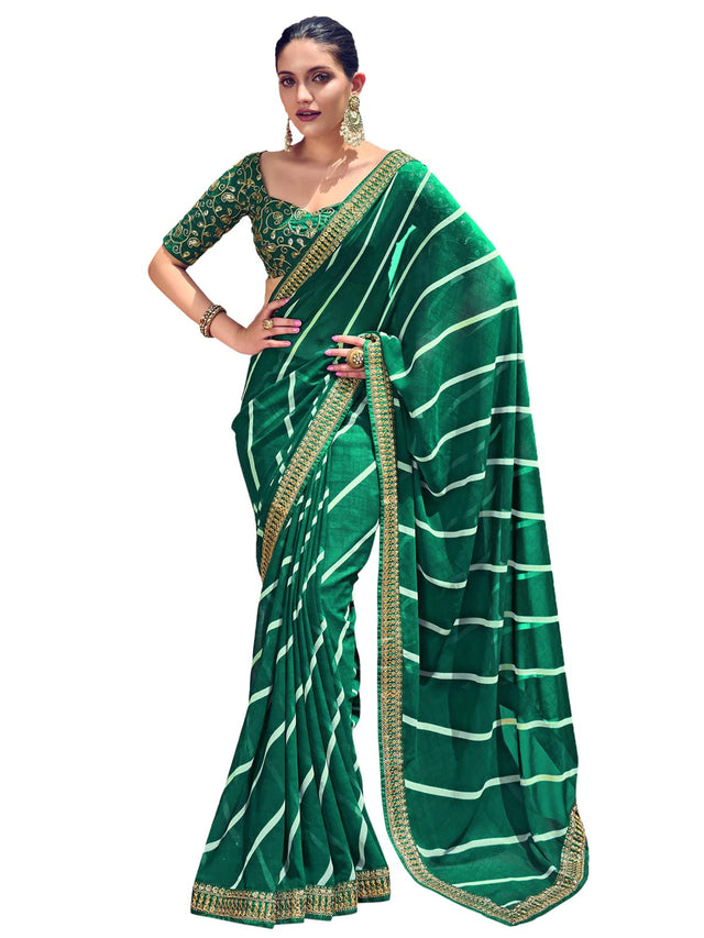SIRIL Womens Leheriya Printed & Lace Georgette Saree With Unstitched Blouse Piece(2555S290_) 5.5 Meters Green White