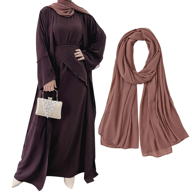 Womens Muslim Abaya Dress Three Pieces Set Islamic Prayer Robe Open Front Flowy Maxi Cardigan Dress Dark Brown