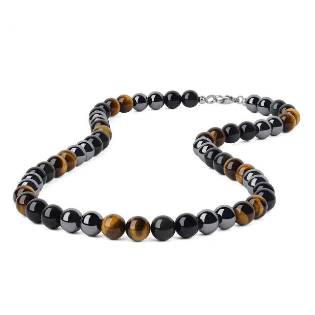 GAVU Triple Protection Necklace for Men Men’s Beaded Necklaces 10mm Beaded Necklace Obsidian Tiger eye Hematite Necklace Men 26”