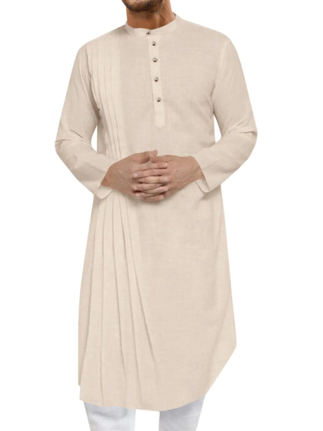 Runcati Mens Kaftan Thobe Cotton Linen Henley Shirt Long Sleeve Robe Casual Muslim Gown Kurta Beige