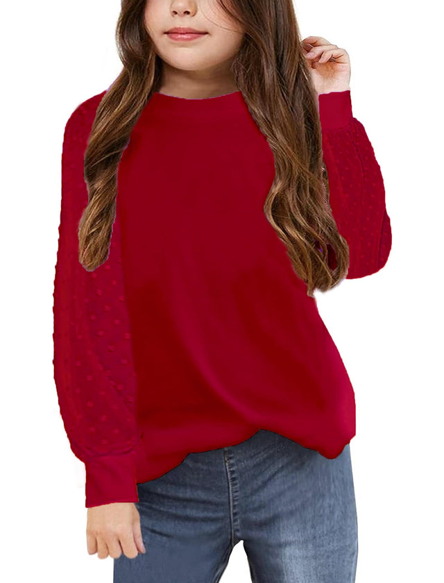 Yekaty Red Long Sleeve Girls Shirts Szie 8 Casual Solid Color Crewneck