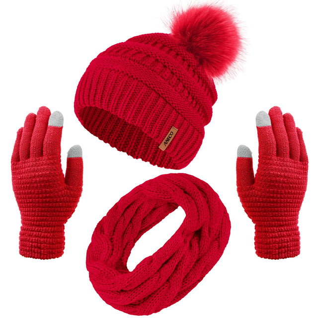 Aneco Womens Winter Warm Sets Knitted Fur Pompoms Beanie