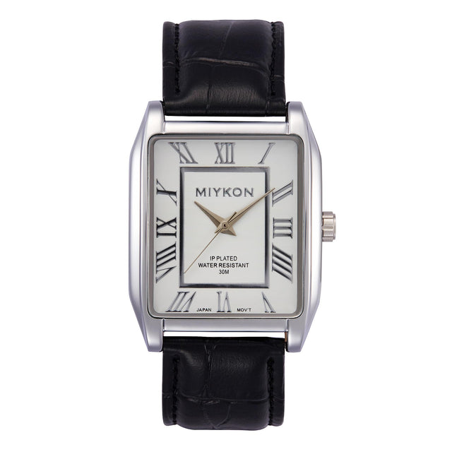 Classic Rectangular Black Genuine Leather Strap Watches for Men - 38mm Ion-Polished Men Watches with Scratch Resistant Glass - 100ft Water Resistant Mens Wrist Watches (Silver Case White Dial Roman Numerals)