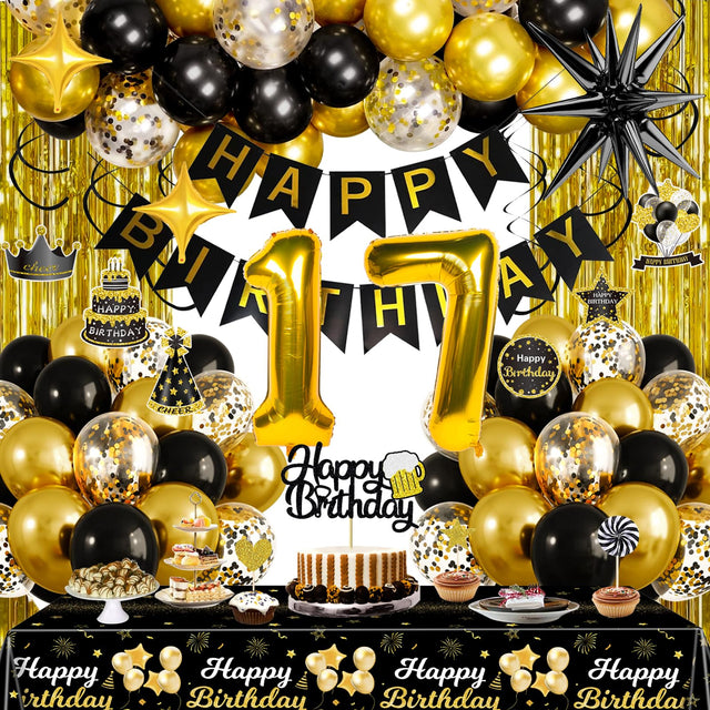 Black and Gold 17th Birthday Decorations for Boys Girls Gold Party