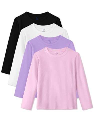 HoeVou 4 Pack Girls Long Sleeve Shirts Soft Cotton Long-Sleeve