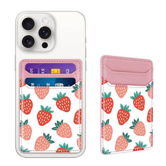 Yiyahu Self Adhesive Card Holders for Back of Phone Leather RFID Phone Wallet Pockets Stick On Credit Card Holders Sleeve for Phone Case Strawberry