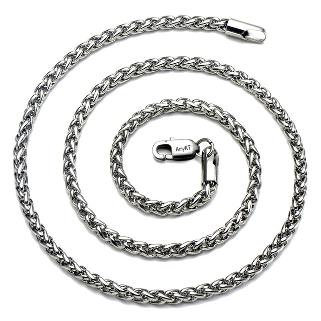 AmyRT Jewelry 4mm Titanium Steel Wheat Silver Chain Necklaces for Men & Women 24 in