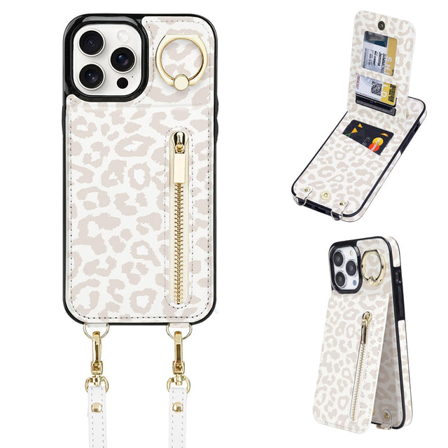 uCOLOR for iPhone 14 Pro Max Wallet Case with Card Holders for Women Crossbody Zipper Leather Case with Strap Wrist Ring RFID Protective Kickstand (Beige Leopard iPhone 14 Pro Max)
