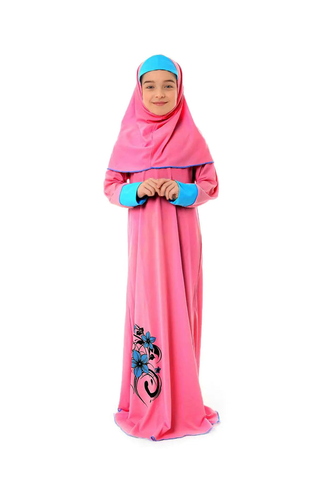 Girls Prayer Islamic Dress Flower Printed Sleeve Cuffed Prayer Set for Muslim Girls (Fuchsia 8-9 Years)