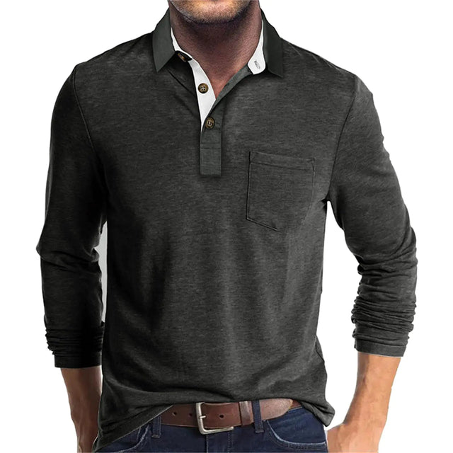 PICKLION Mens Long Sleeve Polo Shirts Casual Moisture Wicking Golf Polo Shirts with Pocket Dark Grey