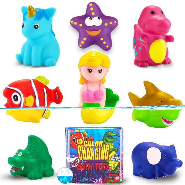 Color Changing No Hole Bath Toys for Toddlers Kids Color Change Rubber Animal Toys with Bath Book & Drying Bag Mermaid Bath Toys Water Toys Floating Fish Toys Dinosaur Toys for Bathtub Pool