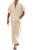 COOFANDY Mens V-Neck Linen Robe Short Sleeve Kaftan Thobe Long Gown Casual Shirt for Beach Summer Light Khaki